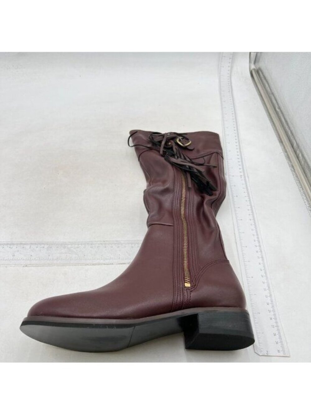 Knee High Boots Women Faux Leather Elastic Boots Low Heel Round Toe Brown